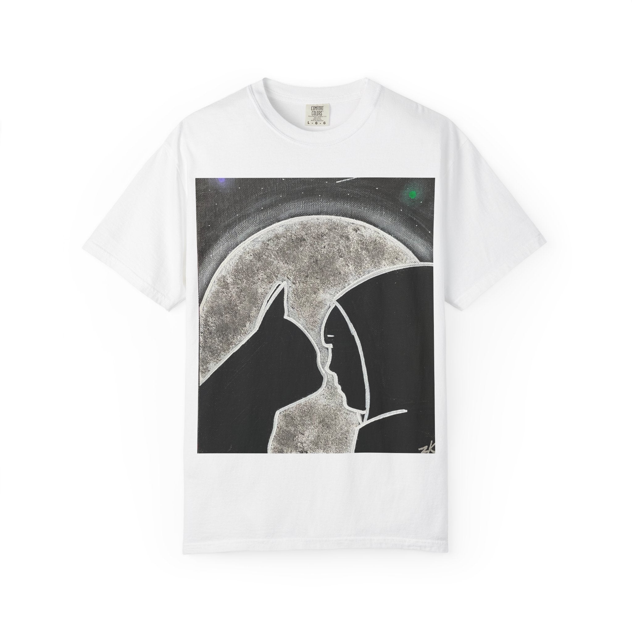 Moonlit Cat & Hooded Figure T‑Shirt — Silhouette Graphic Tee