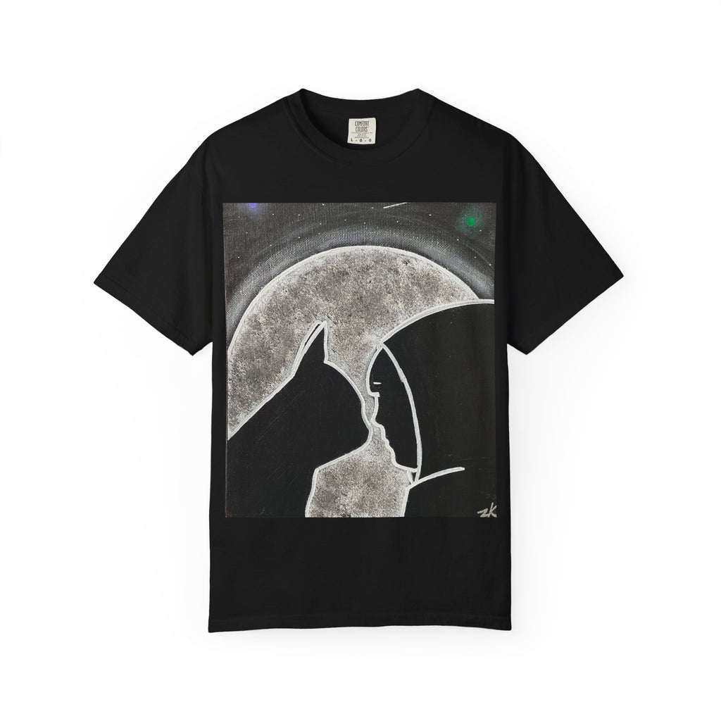 Moonlit Cat & Hooded Figure T‑Shirt — Silhouette Graphic Tee