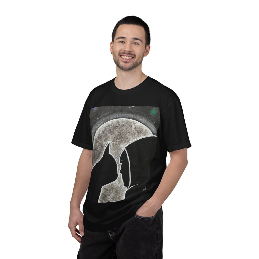Moonlit Cat & Hooded Figure T‑Shirt — Silhouette Graphic Tee