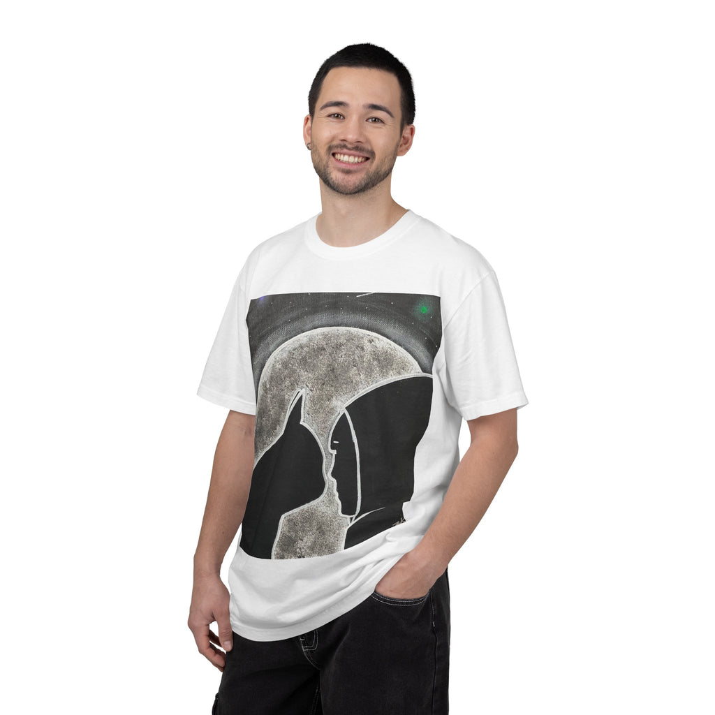 Moonlit Cat & Hooded Figure T‑Shirt — Silhouette Graphic Tee