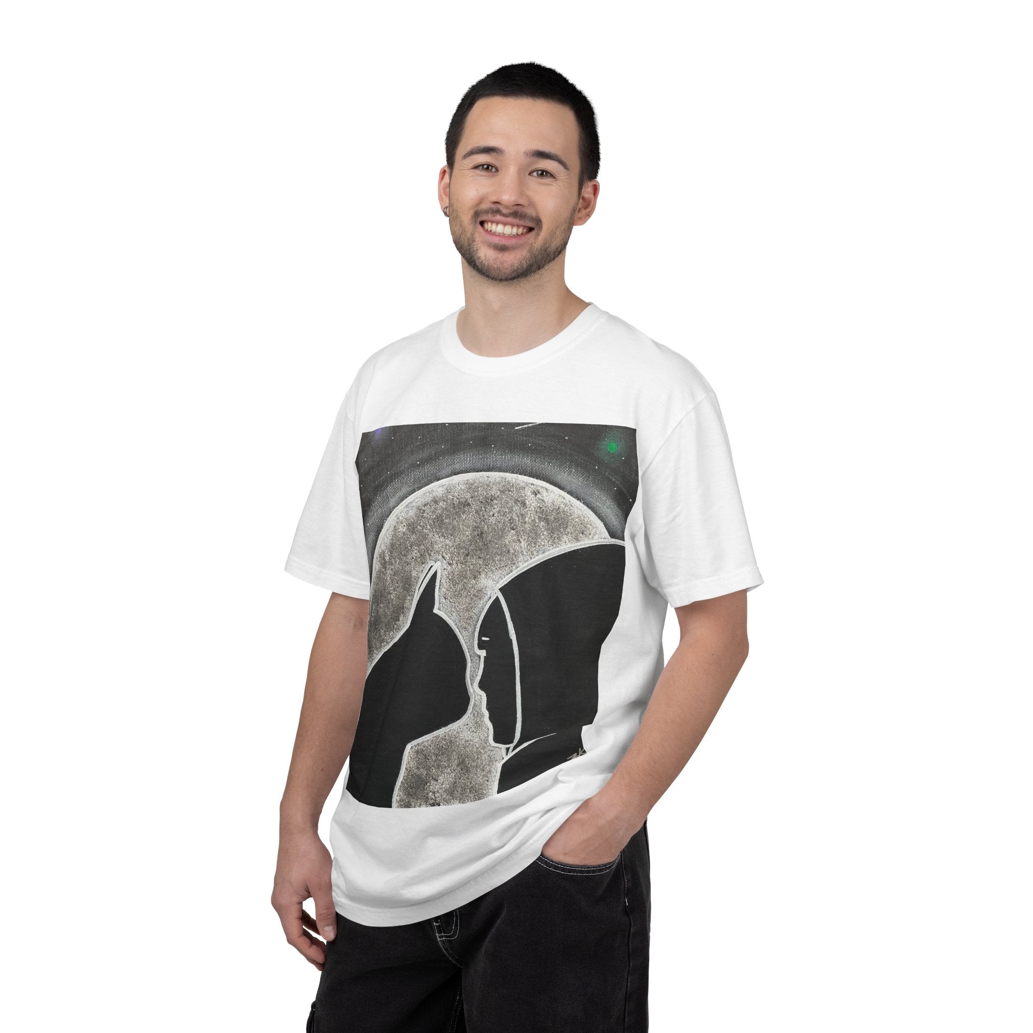 Moonlit Cat & Hooded Figure T‑Shirt — Silhouette Graphic Tee