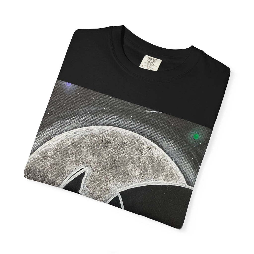 Moonlit Cat & Hooded Figure T‑Shirt — Silhouette Graphic Tee