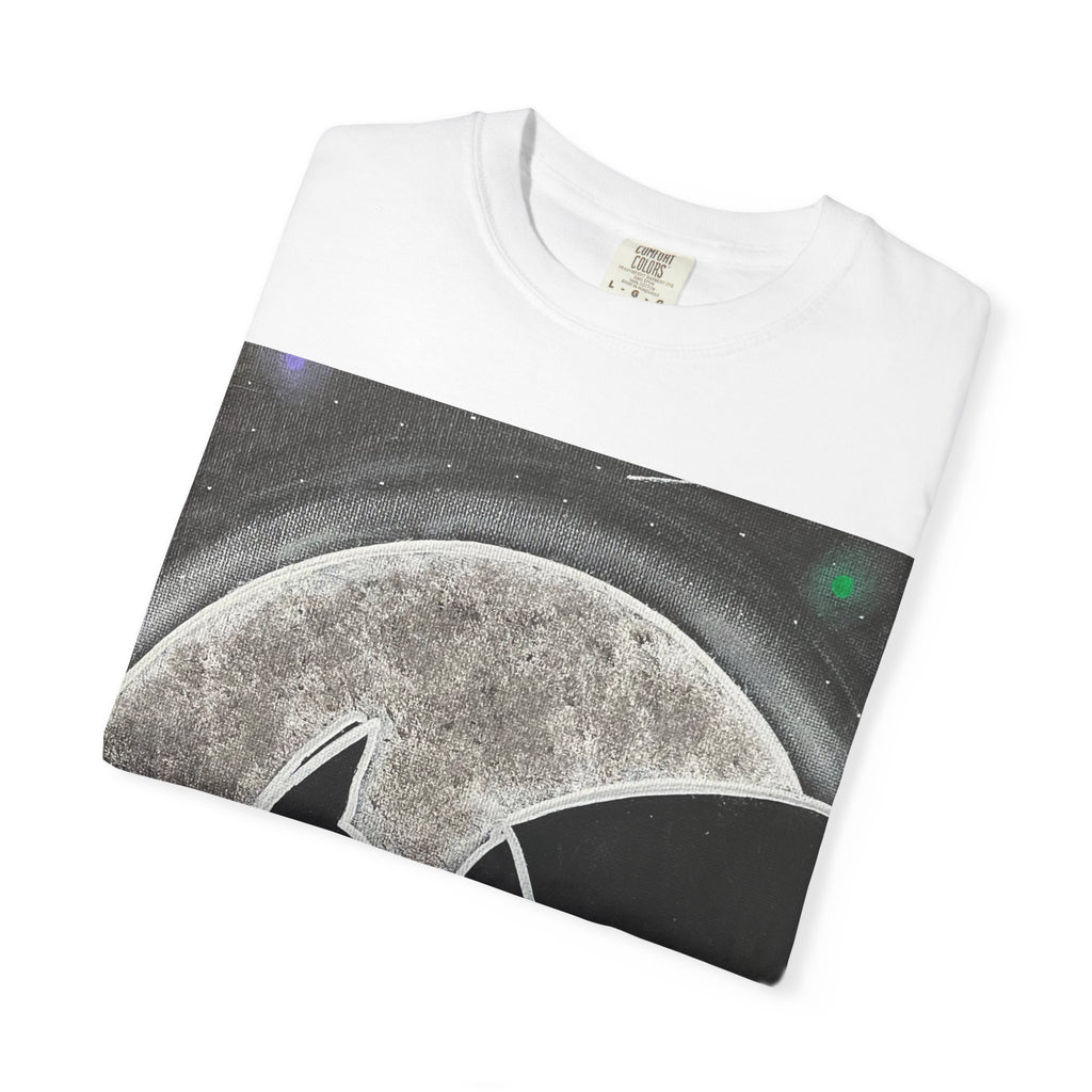 Moonlit Cat & Hooded Figure T‑Shirt — Silhouette Graphic Tee